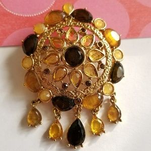 Vintage brooch faux amber flower broach gold tone